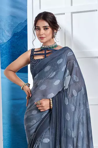 Blue Georgette Party Wear Saree With Blouse Piece
