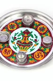 Meenakari Work Shubh Labh Fancy Kalash Pooja Thali Diwali Gift 416
