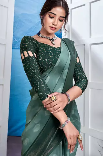 Teal Georgette Party Wear Saree With Blouse Piece