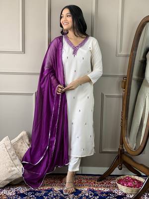 Off White Cotton Rayon Fabric Embroidered work Straight Cut Kurta Pant and Dupatta Set 1
