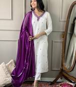 Off White Cotton Rayon Fabric Embroidered work Straight Cut Kurta Pant and Dupatta Set