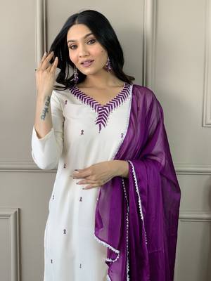 Off White Cotton Rayon Fabric Embroidered work Straight Cut Kurta Pant and Dupatta Set 2