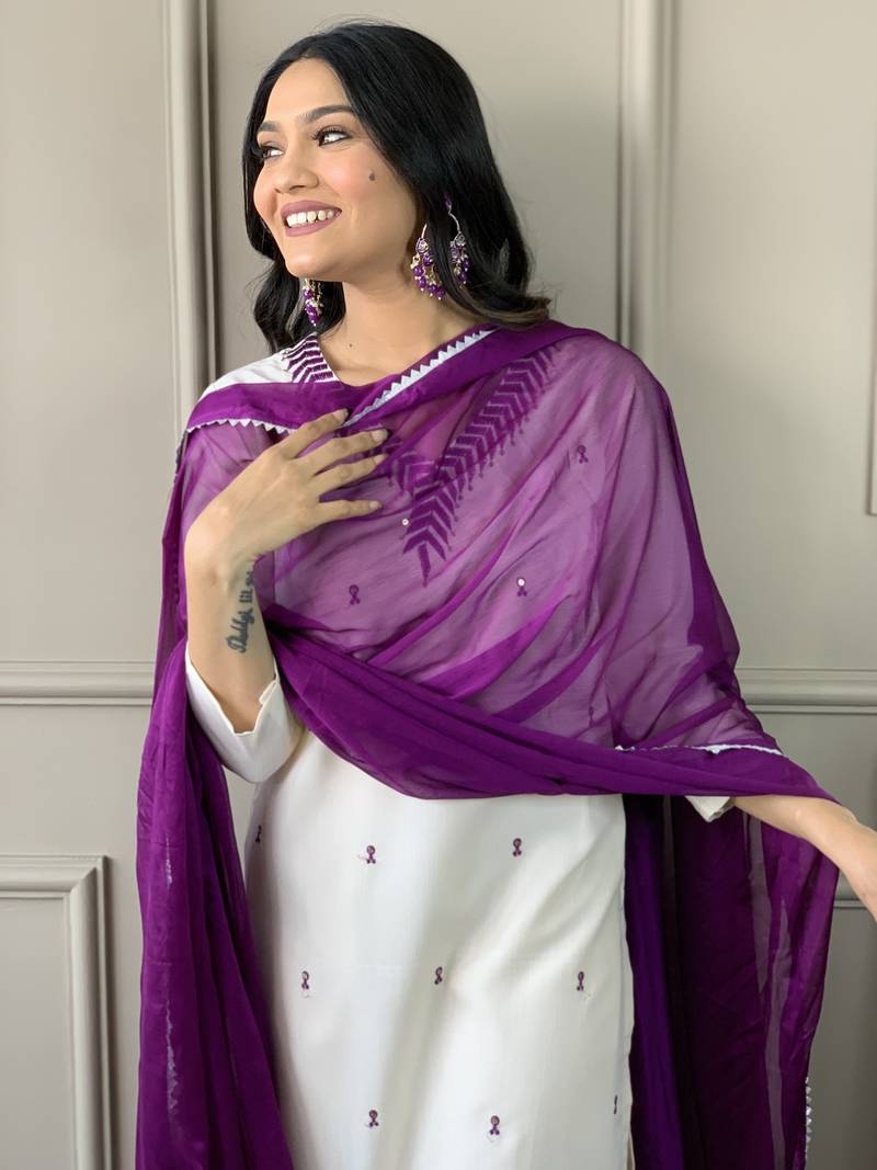 Off White Cotton Rayon Fabric Embroidered work Straight Cut Kurta Pant and Dupatta Set