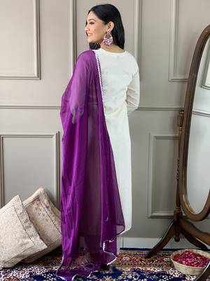 Off White Cotton Rayon Fabric Embroidered work Straight Cut Kurta Pant and Dupatta Set 4