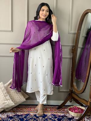 Off White Cotton Rayon Fabric Embroidered work Straight Cut Kurta Pant and Dupatta Set 5