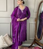 Purple Cotton Rayon Fabric Embroidered work Straight Cut Kurta Pant and Dupatta Set