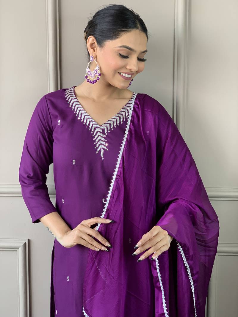 Purple Cotton Rayon Fabric Embroidered work Straight Cut Kurta Pant and Dupatta Set