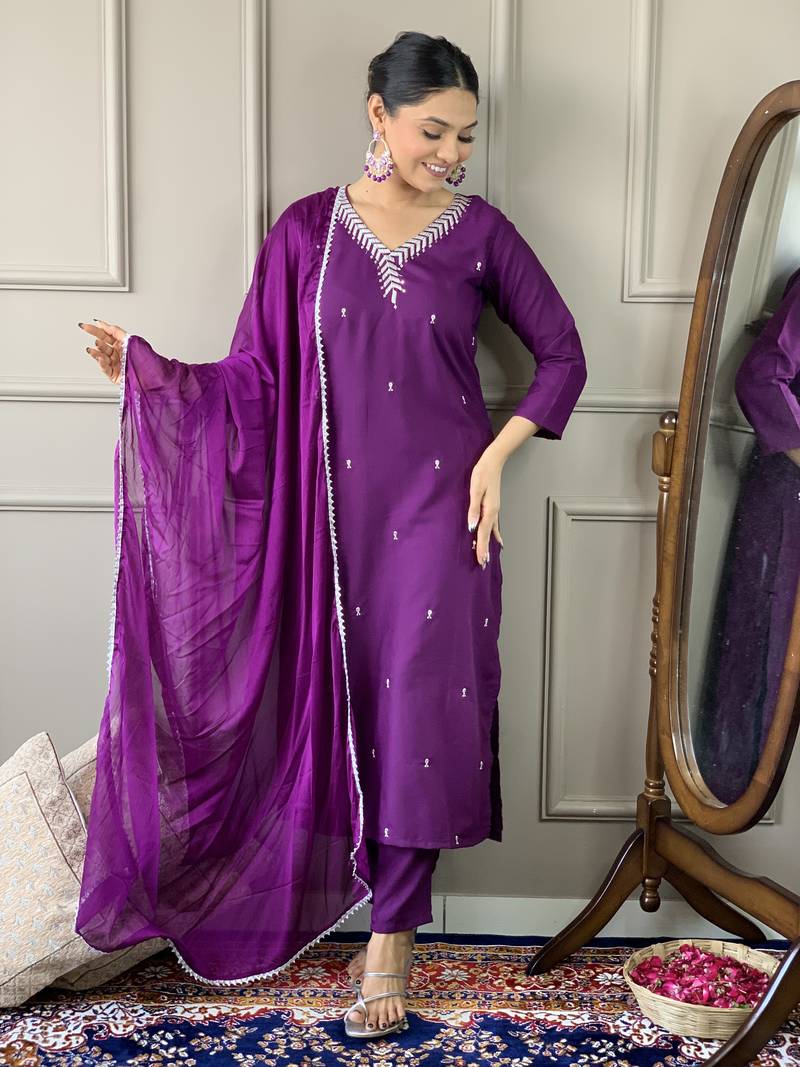 Purple Cotton Rayon Fabric Embroidered work Straight Cut Kurta Pant and Dupatta Set