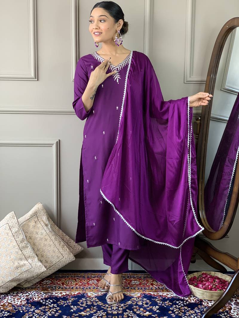Purple Cotton Rayon Fabric Embroidered work Straight Cut Kurta Pant and Dupatta Set