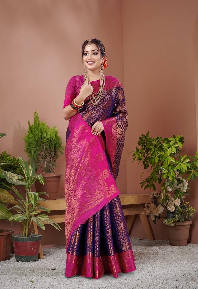 KORAMS DESIGN BANARASI SILK BLEND SAREE WITH BLOUSE FOR WOMEN