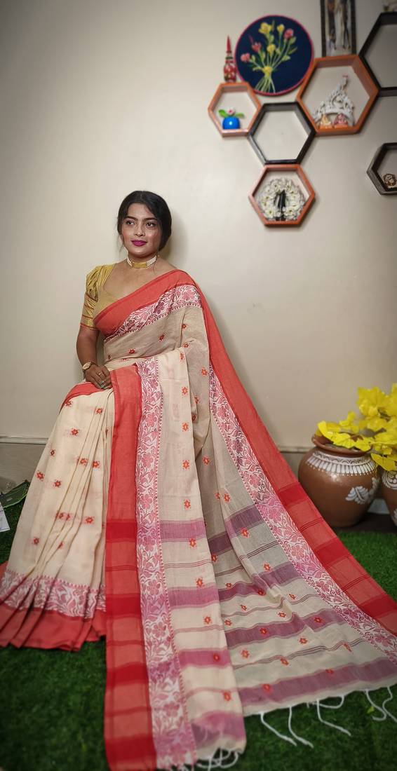 Nice Cream khadi Cotton Saree with Blouse Piece