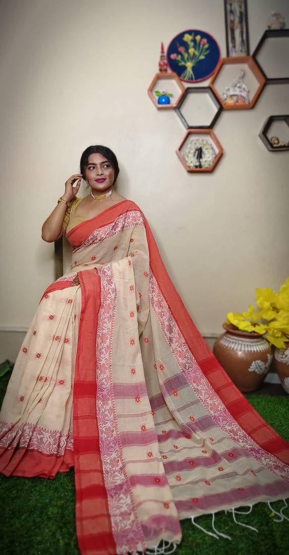 Nice Cream khadi Cotton Saree with Blouse Piece