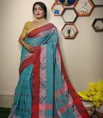 Nice Teal khadi Cotton Saree with Blouse Piece