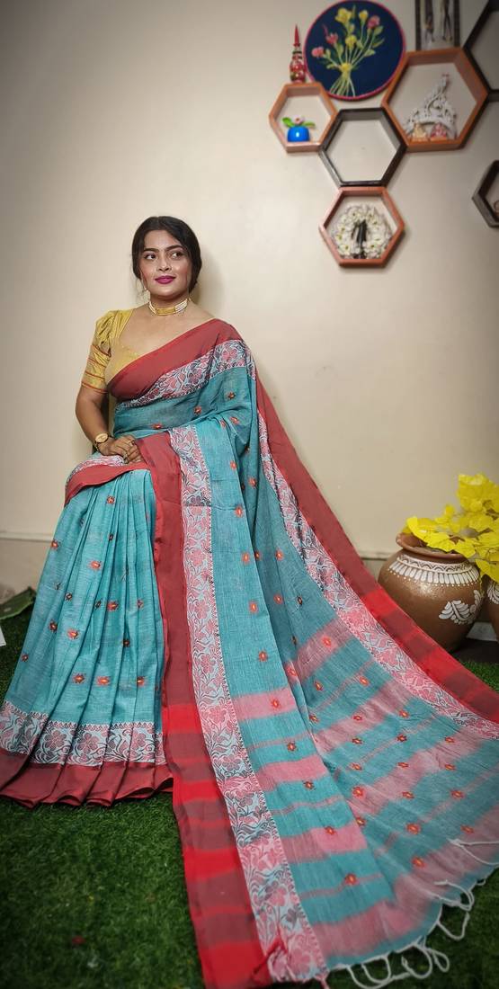 Nice Teal khadi Cotton Saree with Blouse Piece