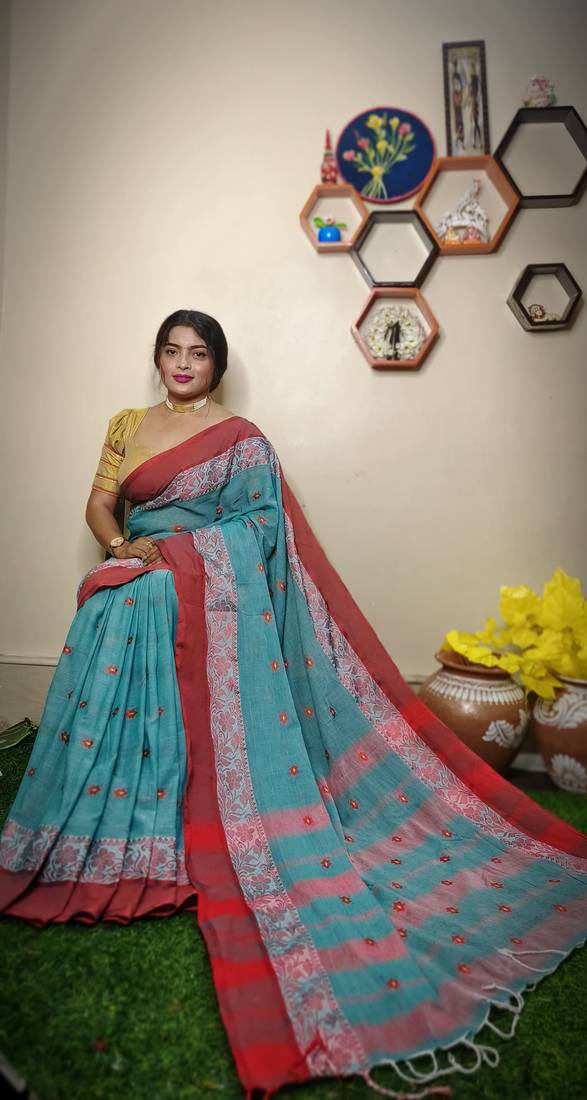 Nice Teal khadi Cotton Saree with Blouse Piece