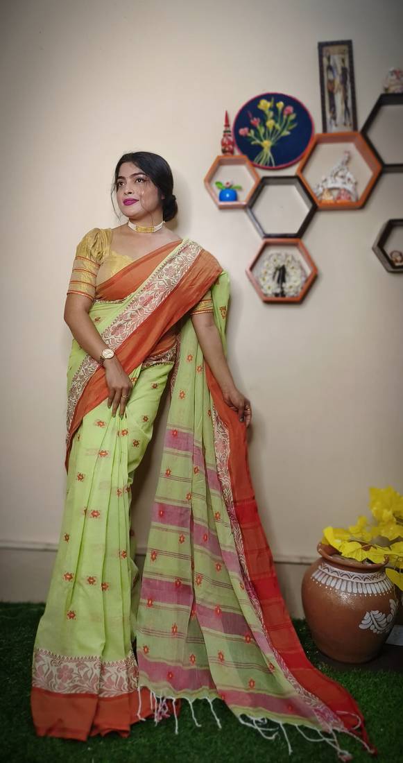 Nice Light Green khadi Cotton Saree with Blouse Piece