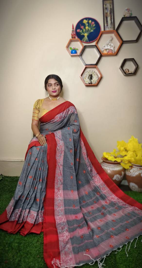 Nice Grey khadi Cotton Saree with Blouse Piece