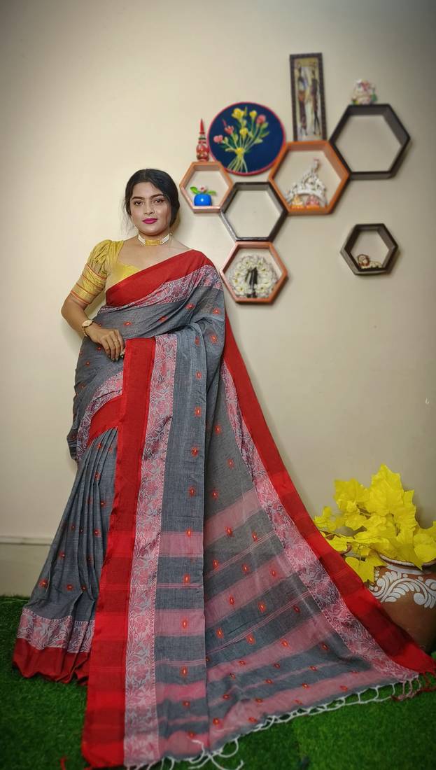 Nice Grey khadi Cotton Saree with Blouse Piece