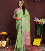 Green Color Soft Katan Silk Blend Saree With All Overzari Weaving