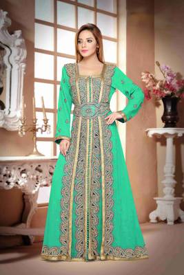 Sea-Green color Handmade Moroccan Kaftan with hijjab 1