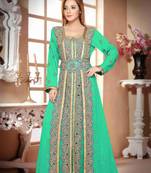 Sea-Green color luxurious Handmade Moroccan Kaftan with hijjab