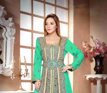 Sea-Green color Handmade Moroccan Kaftan with hijjab 2