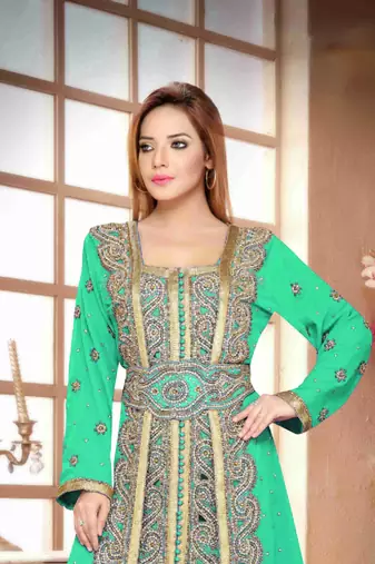 Sea-Green color Handmade Moroccan Kaftan with hijjab