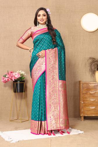 Soft Silk Blend Saree With Zari Weaving Pallu & Contrast Border
