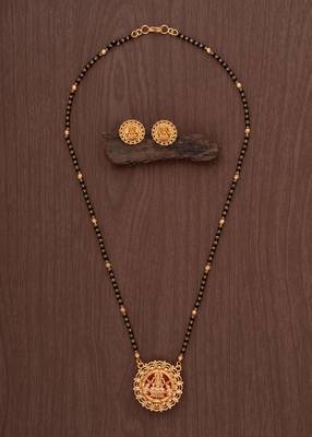 Black beads SHORT mangalsutra with Laxmi pendant and earrings one gram gold 1