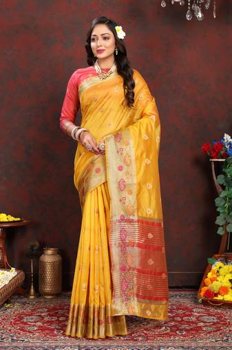 Soft Organza Silk Blend Saree With Minakari Weaving Motifs, Weaving Pallu & Border