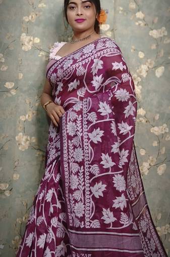 Beautiful Red Khadi Cotton Jamdani Saree