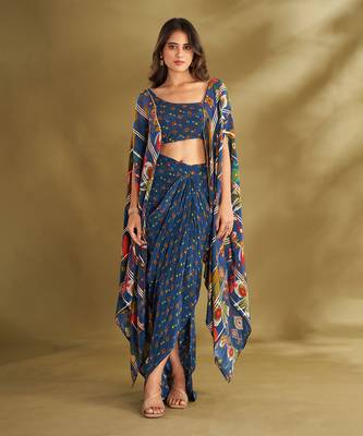 Blue viscose crepe printed  skirt sets 1