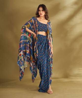 Blue viscose crepe printed  skirt sets 2