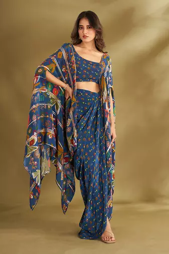 Blue viscose crepe printed  skirt sets