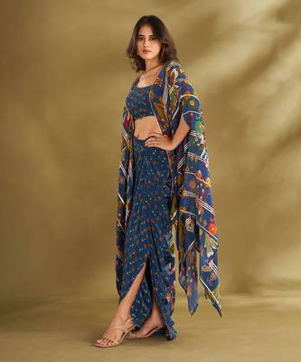 Blue viscose crepe printed  skirt sets 3