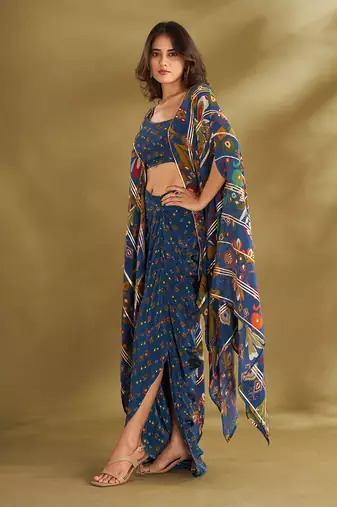 Blue viscose crepe printed  skirt sets