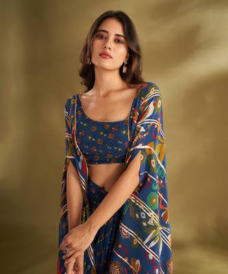 Blue viscose crepe printed  skirt sets 4