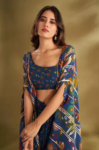 Blue viscose crepe printed  skirt sets
