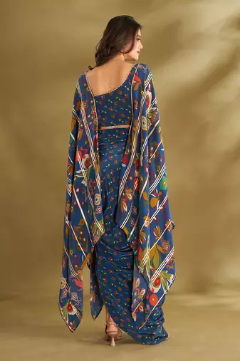 Blue viscose crepe printed  skirt sets