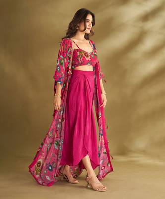 Pink viscose crepe printed  skirt sets 2