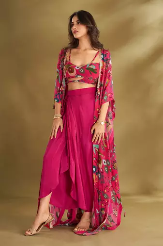Pink viscose crepe printed  skirt sets