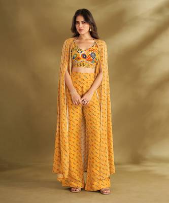Yellow viscose crepe printed  pant sets 1