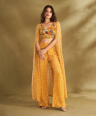 Yellow viscose crepe printed  pant sets 2