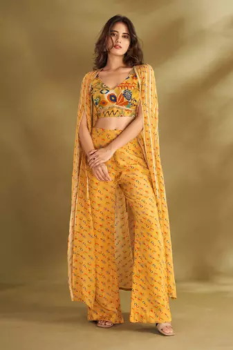 Yellow viscose crepe printed  pant sets
