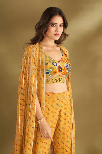 Yellow viscose crepe printed  pant sets
