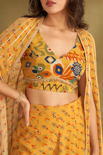Yellow viscose crepe printed  pant sets