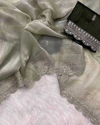 Green Burburry Silk Beautiful Designer sequin and Zari Thread Embroidery Work with Embroidery Blouse 1