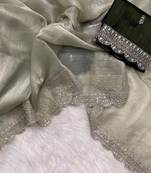 Green Burburry Silk Beautiful Designer Sequence and Zari Thread Embroidery Work with Embroidery Blouse