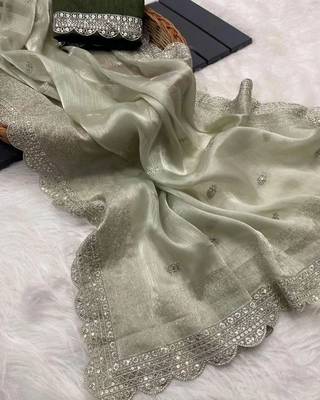 Green Burburry Silk Beautiful Designer sequin and Zari Thread Embroidery Work with Embroidery Blouse 2