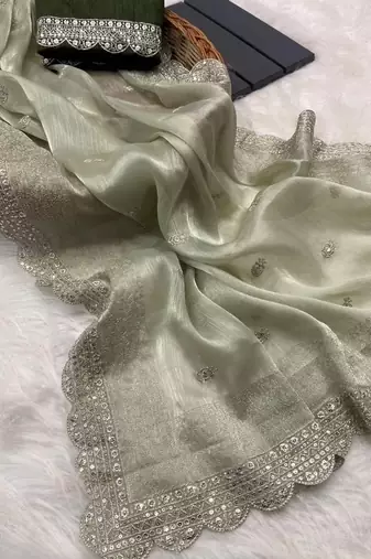 Green Burburry Silk Beautiful Designer sequin and Zari Thread Embroidery Work with Embroidery Blouse